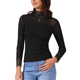 Women's Semi Sheer Mesh Top Fitted Lace Trim Mock Neck Long Sleeve Blouse