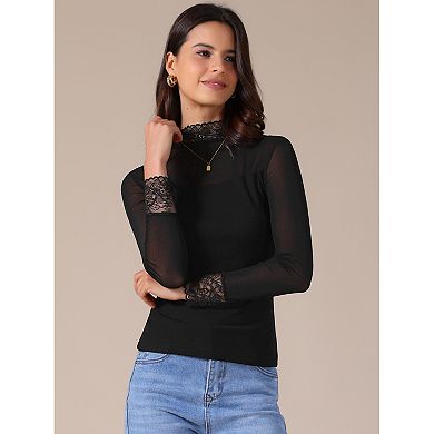 Women's Semi Sheer Mesh Top Fitted Lace Trim Mock Neck Long Sleeve Blouse