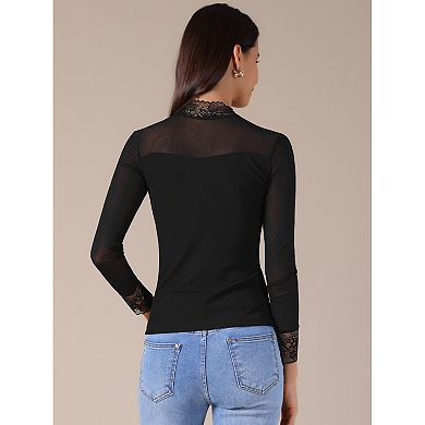 Women's Semi Sheer Mesh Top Fitted Lace Trim Mock Neck Long Sleeve Blouse