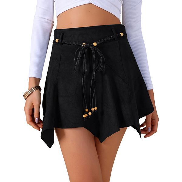 Women's Faux Suede Skirt Asymmetric Hem High Waist A-Line
