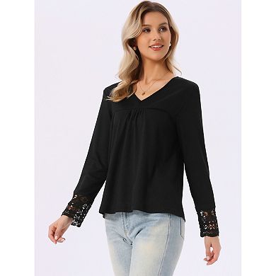 Long Sleeve V Neck Blouse for Women's Loose Fit Casual Tops Fall Winter Basic t Shirts