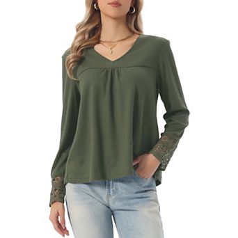 Long Sleeve V Neck Blouse for Women's Loose Fit Casual Tops Fall Winter Basic t Shirts