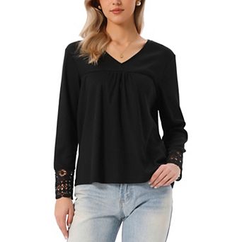 Long Sleeve V Neck Blouse for Women's Loose Fit Casual Tops Fall Winter Basic t Shirts