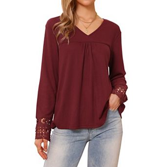 Long Sleeve V Neck Blouse for Women's Loose Fit Casual Tops Fall Winter Basic t Shirts