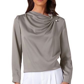 Women's Satin Blouses Casual Pleated Puffy Long Sleeve Shirts Dressy Office Work Shirt