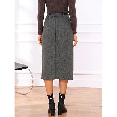 Midi Pencil Skirt for Women Fall Winter High Waisted Work Office Skirts with Belt