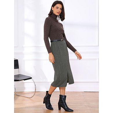 Midi Pencil Skirt for Women Fall Winter High Waisted Work Office Skirts with Belt