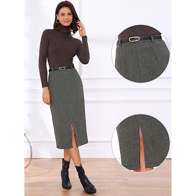 Midi Pencil Skirt for Women Fall Winter High Waisted Work Office Skirts with Belt