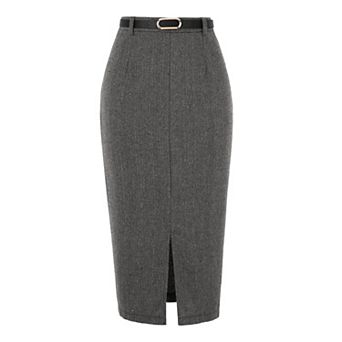 Midi Pencil Skirt for Women Fall Winter High Waisted Work Office Skirts with Belt