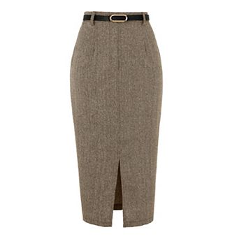 Midi Pencil Skirt for Women Fall Winter High Waisted Work Office Skirts with Belt