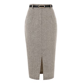 Midi Pencil Skirt for Women Fall Winter High Waisted Work Office Skirts with Belt