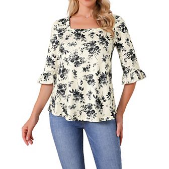 Women's Fall Floral Blouse Casual Square Neck Ruffle 3/4 Sleeve Tunic Top