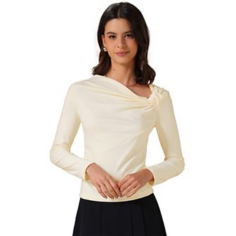Women's Long Sleeve Tops Casual Fitted Asymmetric Neck Knot Ruched Top