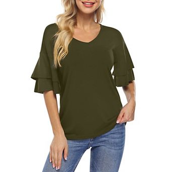 Women's Ruffle Tunic Top V Neck Bell Half Pullover Blouse Shirt Casual Sleeve