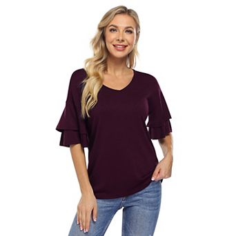 Women's Ruffle Tunic Top V Neck Bell Half Pullover Blouse Shirt Casual Sleeve
