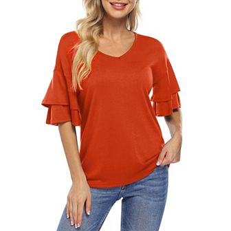 Women's Ruffle Tunic Top V Neck Bell Half Pullover Blouse Shirt Casual Sleeve