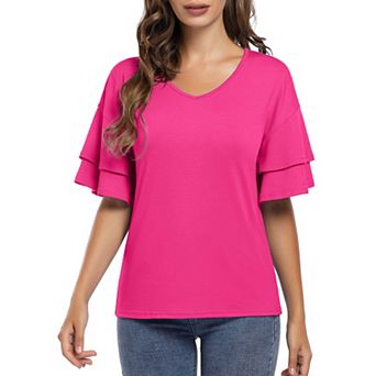 Women's Ruffle Tunic Top V Neck Bell Half Pullover Blouse Shirt Casual Sleeve