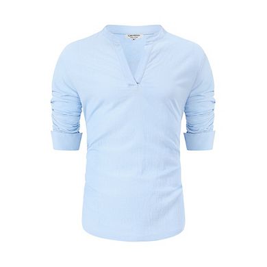 Men's Cotton Linen Shirt Henley V Neck Long Sleeve Casual Beach T Shirts
