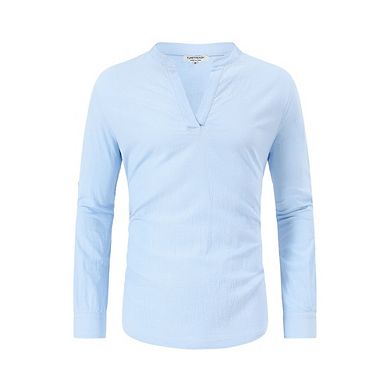 Men's Cotton Linen Shirt Henley V Neck Long Sleeve Casual Beach T Shirts