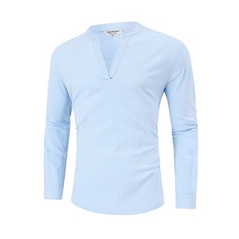 Men's Cotton Linen Shirt Henley V Neck Long Sleeve Casual Beach T Shirts