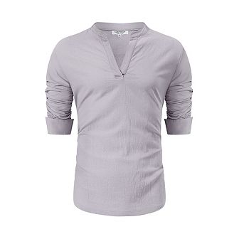 Men's Cotton Linen Shirt Henley V Neck Long Sleeve Casual Beach T Shirts