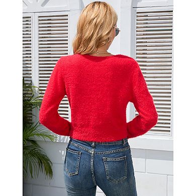 women's short cardigan V-neck soft knit ribbed top shawl sweater long sleeve