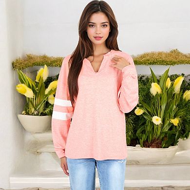 Women's Long Sleeve V-Neck Pullover with Contrast Sleeve Stripes