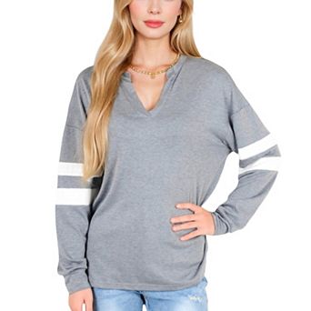 Women's Long Sleeve V-Neck Pullover with Contrast Sleeve Stripes