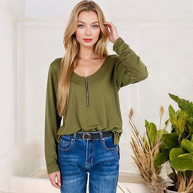 Women's Long Sleeve Top with Front Zip Detail and Curved Hem