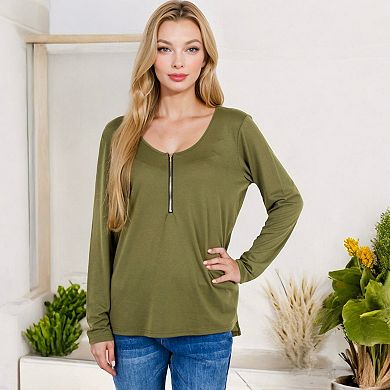 Women's Long Sleeve Top with Front Zip Detail and Curved Hem