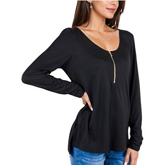 Women's Long Sleeve Top with Front Zip Detail and Curved Hem