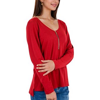 Women's Long Sleeve Top with Front Zip Detail and Curved Hem