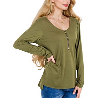 Women's Long Sleeve Top with Front Zip Detail and Curved Hem