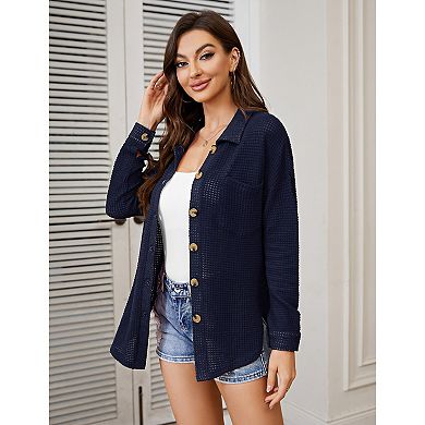 Womens Waffle Knit Button Down Oversized Blouse Jacket Tops with Bust Pockets Shirt Long Sleeve