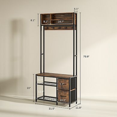 HOMCOM Hall Tree with Bench, 5-in-1 Entryway Bench with Coat Rack
