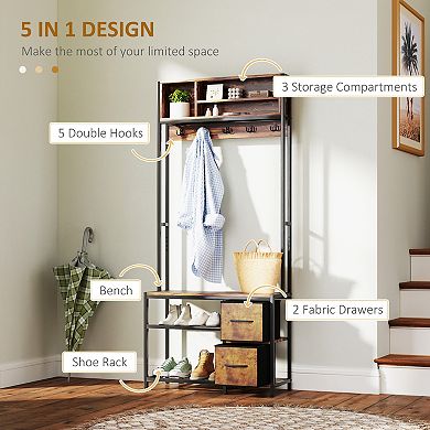 HOMCOM Hall Tree with Bench, 5-in-1 Entryway Bench with Coat Rack