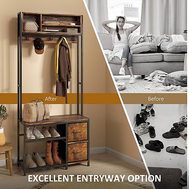 HOMCOM Hall Tree with Bench, 5-in-1 Entryway Bench with Coat Rack