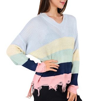 Women's Long Sleeve Distressed Knit Sweater V-Neck Striped Pattern for Casual Everyday Layering