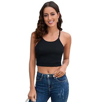 Womens Summer Basic Tank Tops Sleeveless Crew Neck Bustier Crop Top Casual
