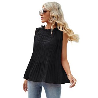 Pleated Tunic Sleeveless Chiifon Blouse with Frill Mock Neck Flowy Dressy Tank Tops Women Casual