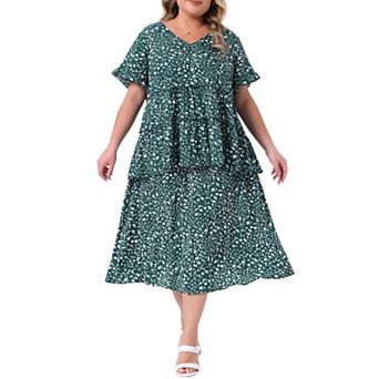 Women's Plus Size 2 pc Resort Set, Floral Print Ruffle Sleeve Babydoll Blouses and Midi Skirts