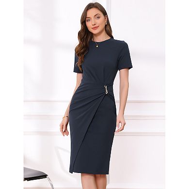 Work Dresses for Women Short Sleeve Crew Neck Wrap Business Office Sheath Dress
