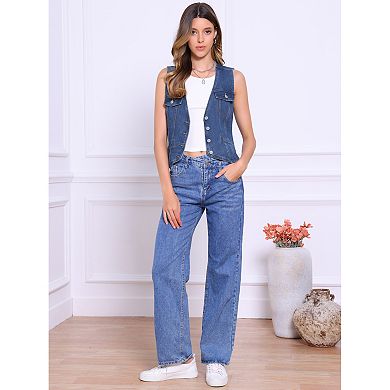 Sleeveless Denim Vest for Women's Button V Neck Jean Waistcoat Jacket