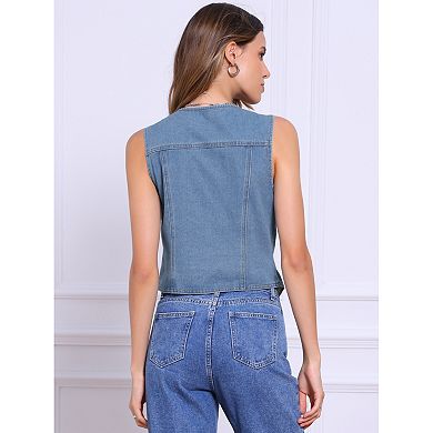 Sleeveless Denim Vest for Women's Button V Neck Jean Waistcoat Jacket