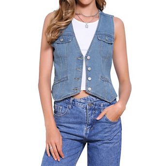 Sleeveless Denim Vest for Women's Button V Neck Jean Waistcoat Jacket