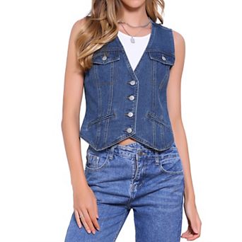 Sleeveless Denim Vest for Women's Button V Neck Jean Waistcoat Jacket