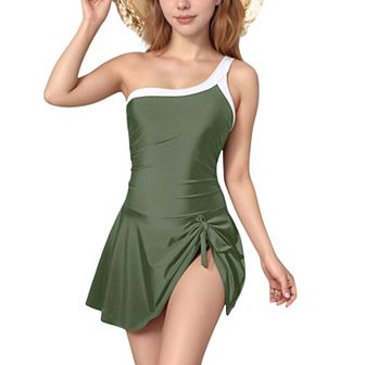 Women's One Shoulder Swim Dress with Contrast Trim and Side Tie Detail