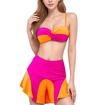 Women's Colorblock Twist Bikini Top with Flared Swim Skirt Bottom