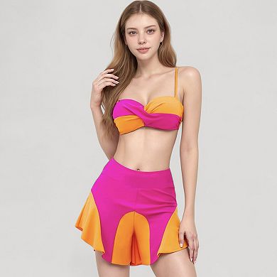 Women's Colorblock Twist Bikini Top with Flared Swim Skirt Bottom