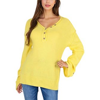 Women's Long Sleeve V-Neck Henley Knit Sweater with Button Details